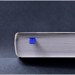 Large policy book with blue tab