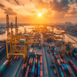 ai generated, cargo, port, containers, cargo port, shipping, container shipping, nature, shipping industry, transport, freight, logistics, aerial view, industry, freight transport, sunset